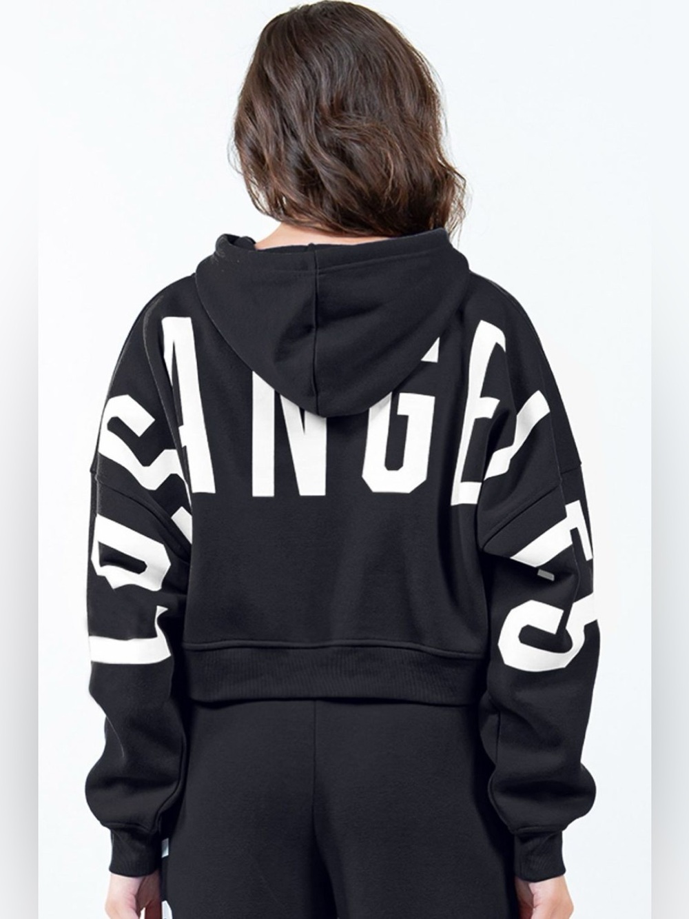 American Bazi Letter Graphic Long Sleeve Drawstring Cropped Hoodie